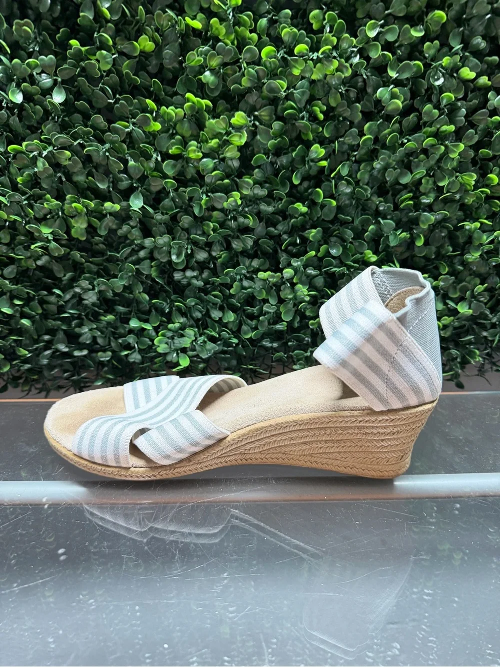 CHARLESTON SHOE CO. Striped Ankle-Wrap Wedge Sandals - Light Blue & White